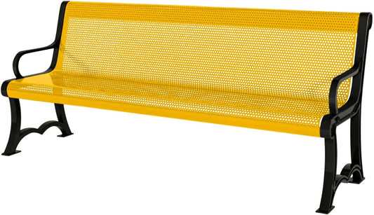 Coated Outdoor Furniture Heavy-Duty Outdoor Bench Thermoplastic Coated, Punched Steel, Commercial-Grade Garden Bench, Made in America (Portable with Back, 4 Ft, Yellow)