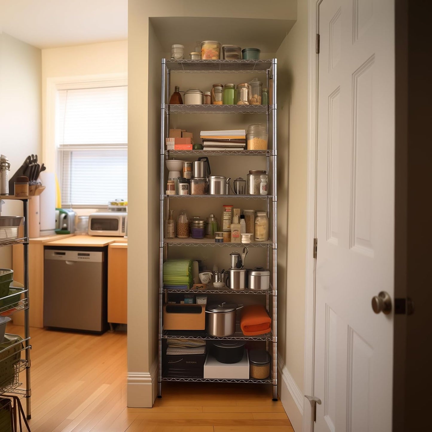 Finnhomy 8-Tier Wire Shelving Unit Adjustable Steel Wire Rack Shelving 8 Shelves Steel Storage Rack or Two 4-Tier Shelving Units with PE mat, Leveling Feet and Safety Device, NSF Certified, Chrome