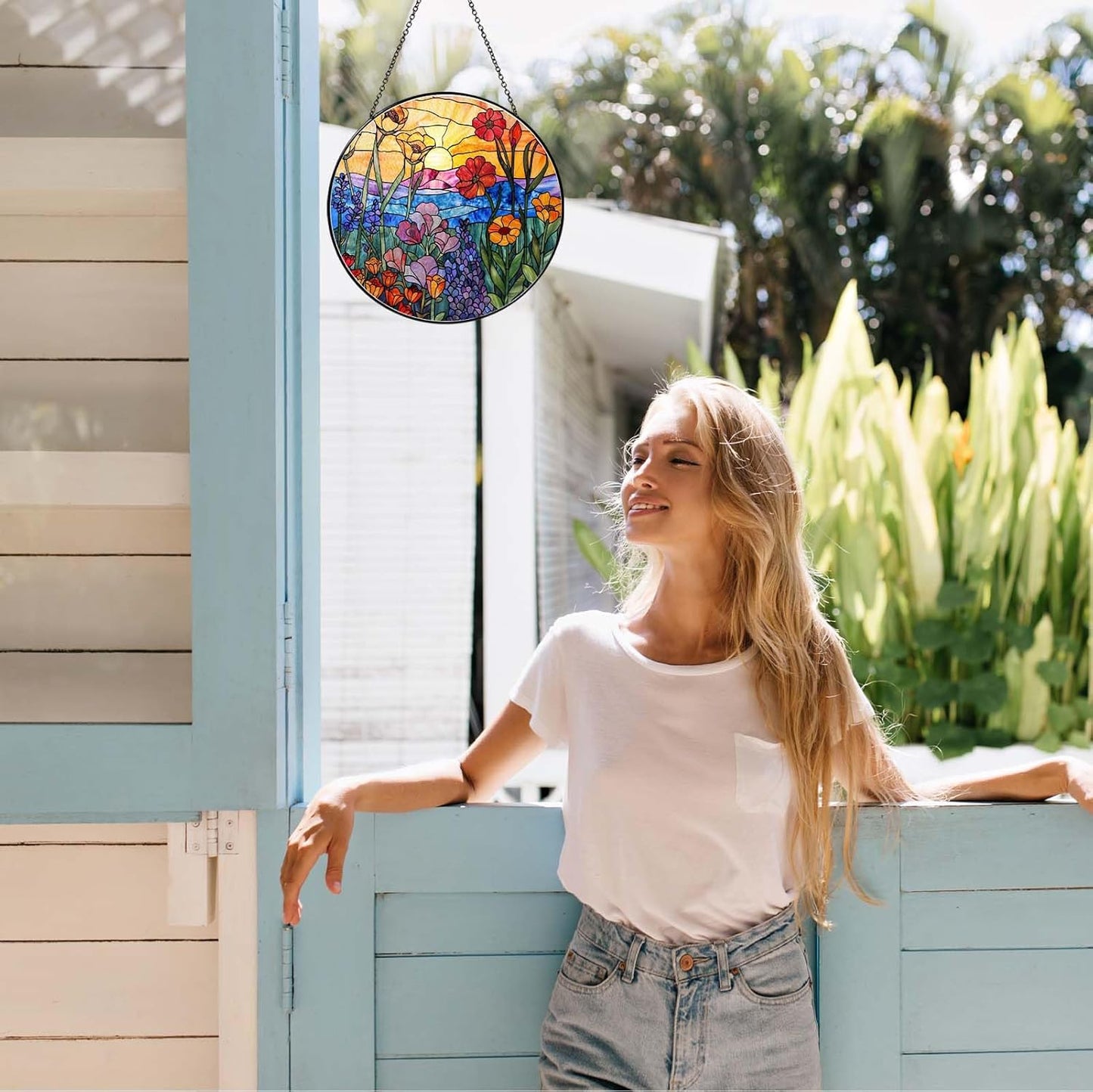 Wildflowers Sun Catcher Stained Glass Window Hanging Plant Lover Gifts for Women Wildflowers Wall Decor Handmade Sun Catcher Decoration for Garden Home Housewarming Gifts（6 inch）