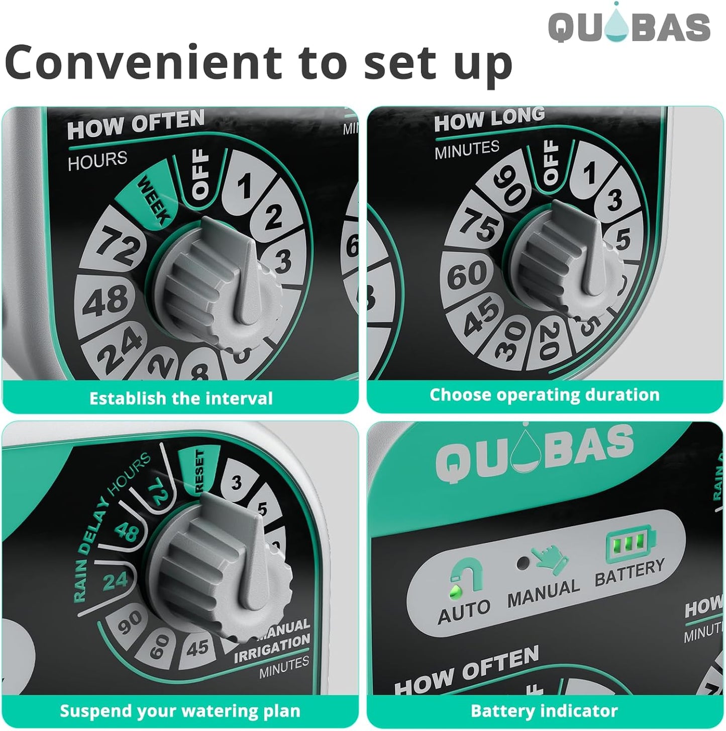 QUOBAS 3-Dial Analog Water Timer, Mechnical Control Automatic Sprinkler Timer with Manual and Rain Delay, for Garden Hose Watering, Drip Irrigation, Self-Watering System, Easy to Set Up