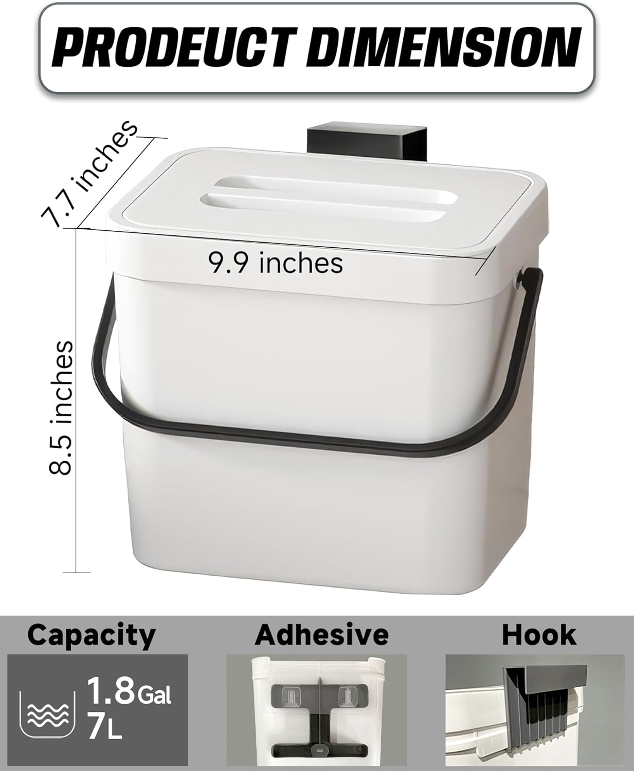 Kitchen Compost Bin - 1.8 Gallons Hanging Trash Can with Lid for Kitchen Cabinet Door, Under Sink, Wall Mounted Waste Bin for Bathroom, 7L(White)