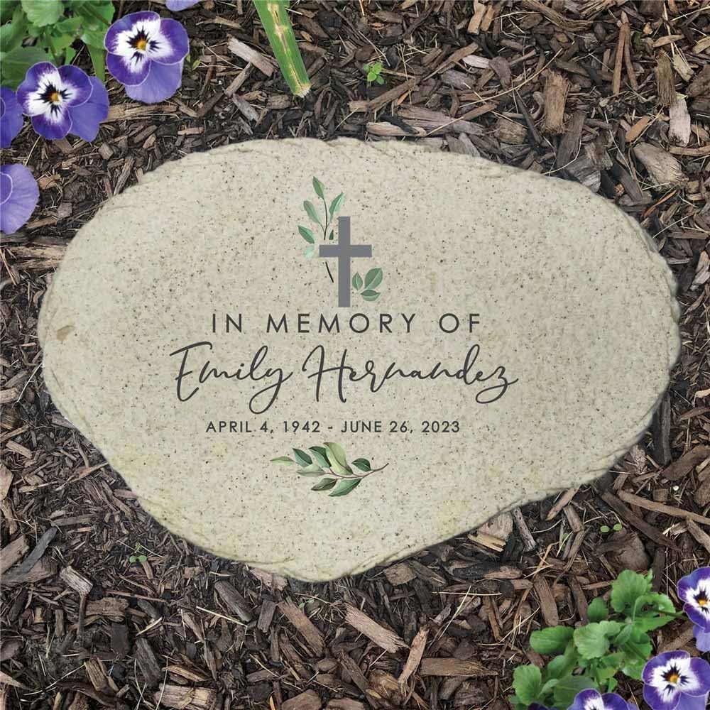 Personalized Memorial Garden Stone, Watercolor in Memory of Flat Garden Stone with Cross, Sympathy Gift, Loss of Loved One