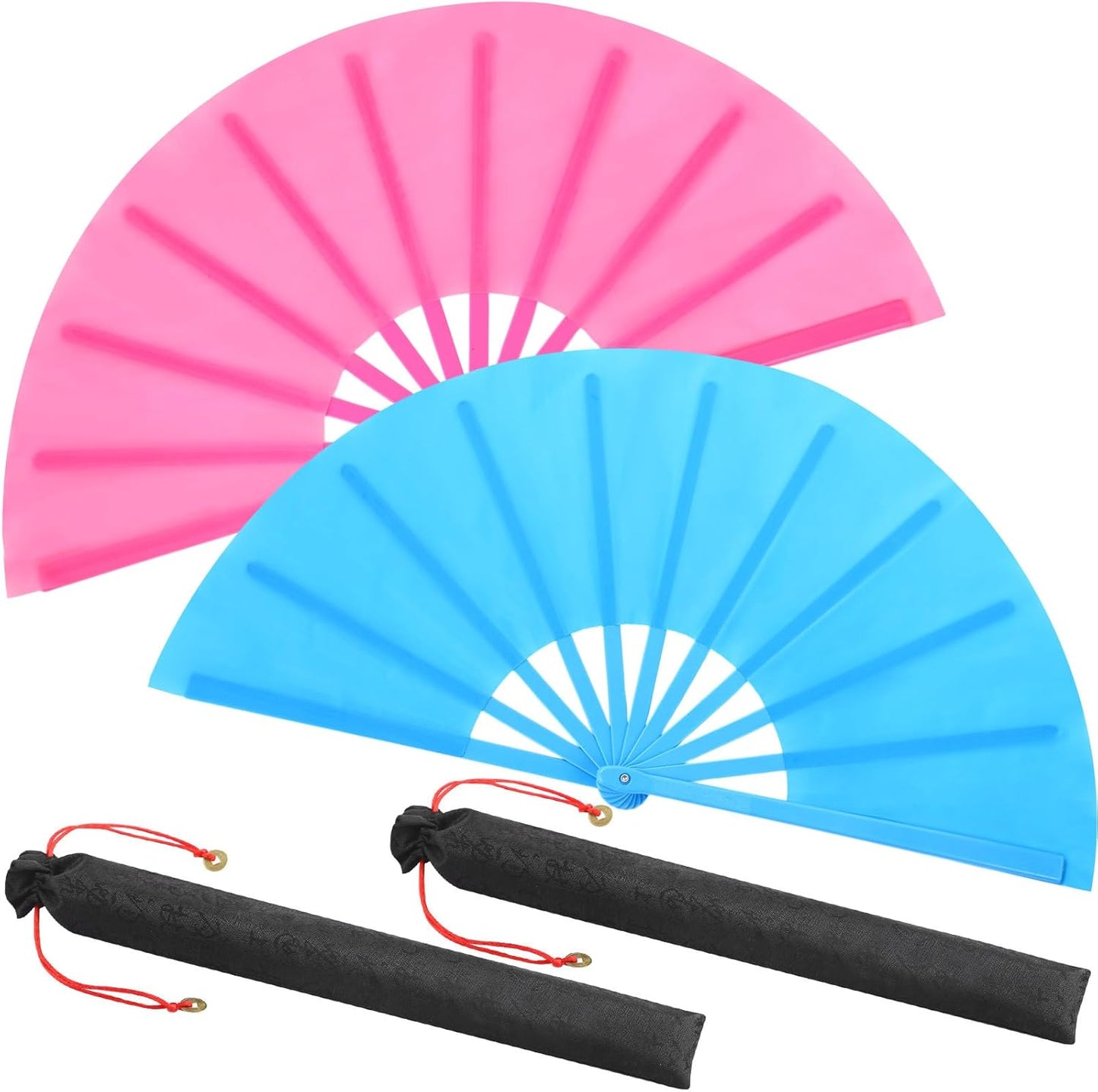 Maitys 2 Packs Large Clap Fans for Line Dancing Large Chinese Folding Hand Fans for Men and Women, Festival, Tai Ji, Kungfu, Martial Art, Gifts (Rose Red and Sky Blue)