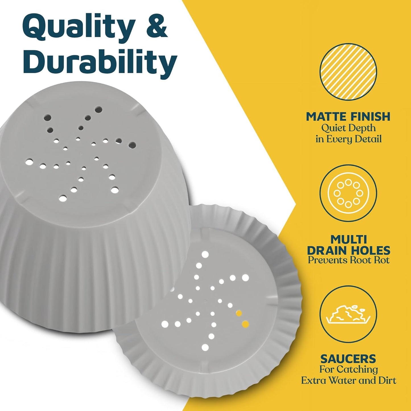 Gray 6-Inch Plant Pots with Drainage & Saucers 6 Pack, Indoor & Outdoor Planters for Houseplants, Herbs, and Flowers, Durable & Weatherproof Material, Stackable, Lightweight, Minimalist Design