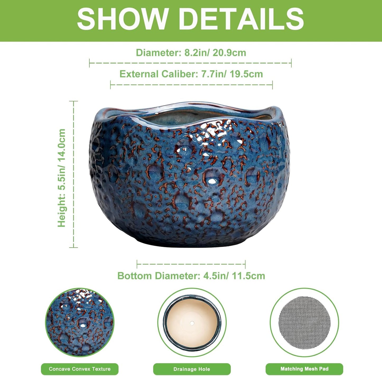 8 Inch Plant Pot - Ceramic Planter for Indoor Outdoor Plants, Round Unique Plant Pots with Drainage Hole, Modern Decorative Flower Pots, Home Decor, Gifts for Plants Lovers, Retro Blue