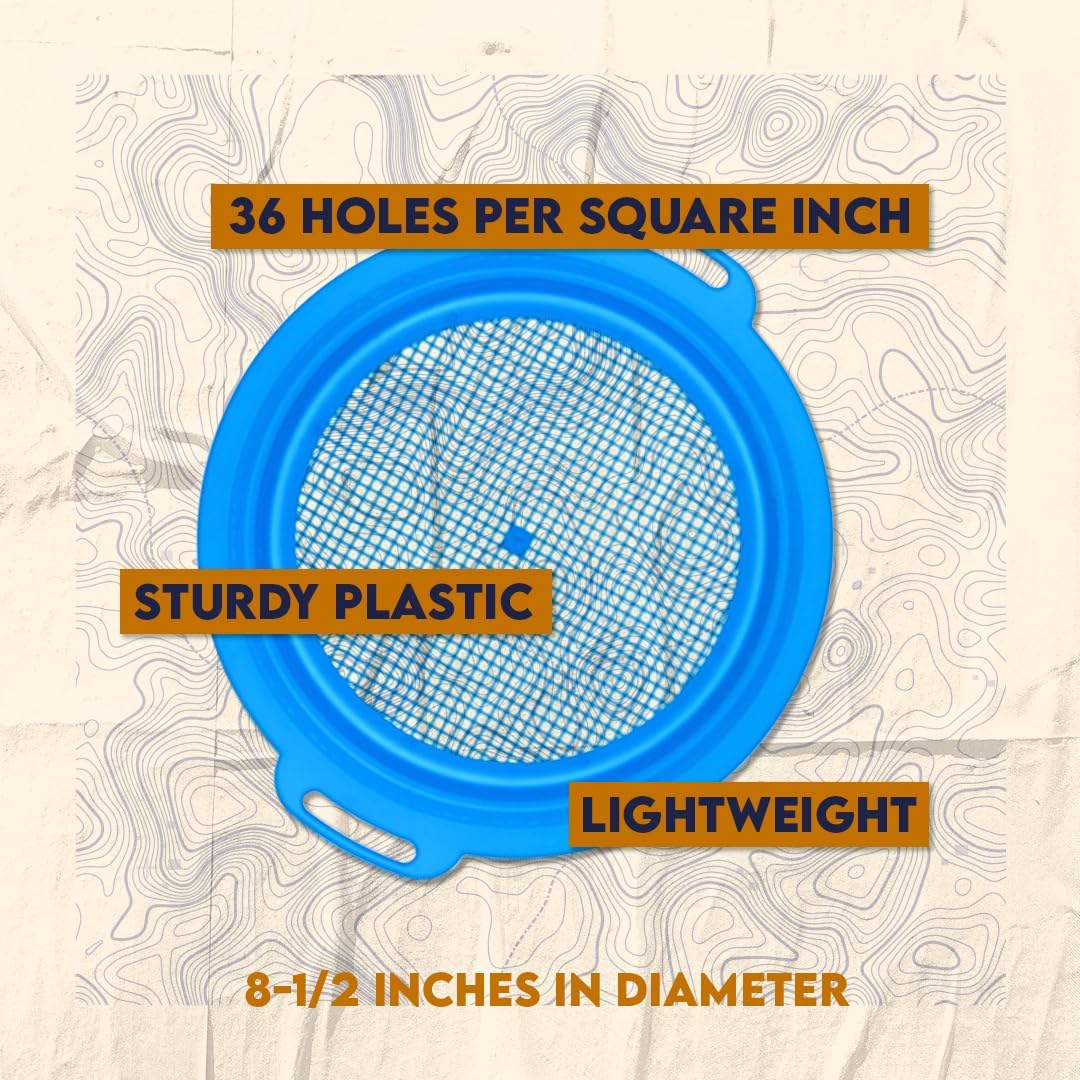 SE 6-Piece Set of 8.5" Plastic Sand Sifting Pans in a Mesh Bag, with 36 Holes Per Inch, in Red, Blue, and Green Colors