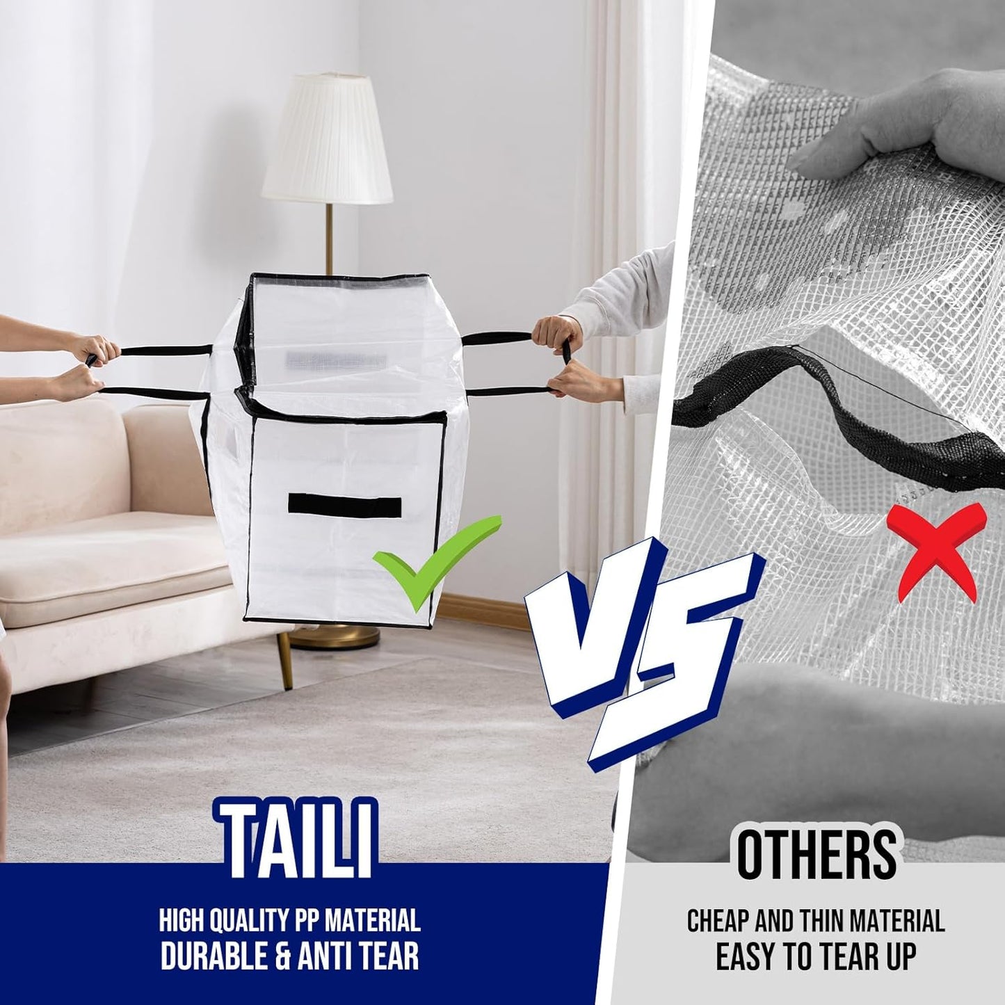 TAILI Extra Large Moving Bags, 6 Pack Clear Heavy Duty Totes For Storage with Visible Window, Wrap Around Handles, Storage Bags for Space Saving, Alternative to Moving Boxes