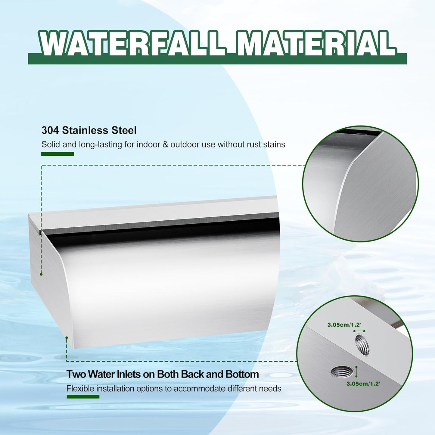 Pool Fountain Waterfall Spillway with Wider Water Flow Platform, Stainless Steel Waterfall with Pipe Connector Kits, Water Feature Spillway for Garden Decor, Patio, Ponds, 23."x11.8"x3.9"