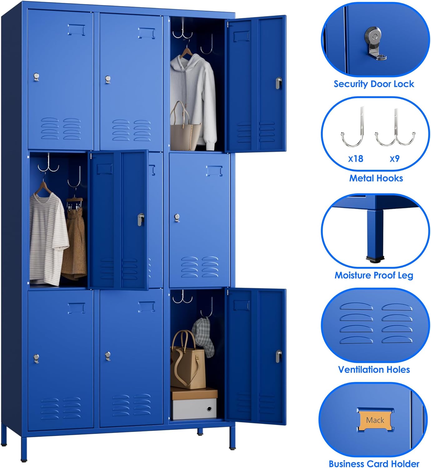 9 Doors Metal Locker for Employees with 27 Hooks and Business Card Holder,Metal Locker with Ventilation Holes for School Garage Office Gym Home,Assembly Required,Blue