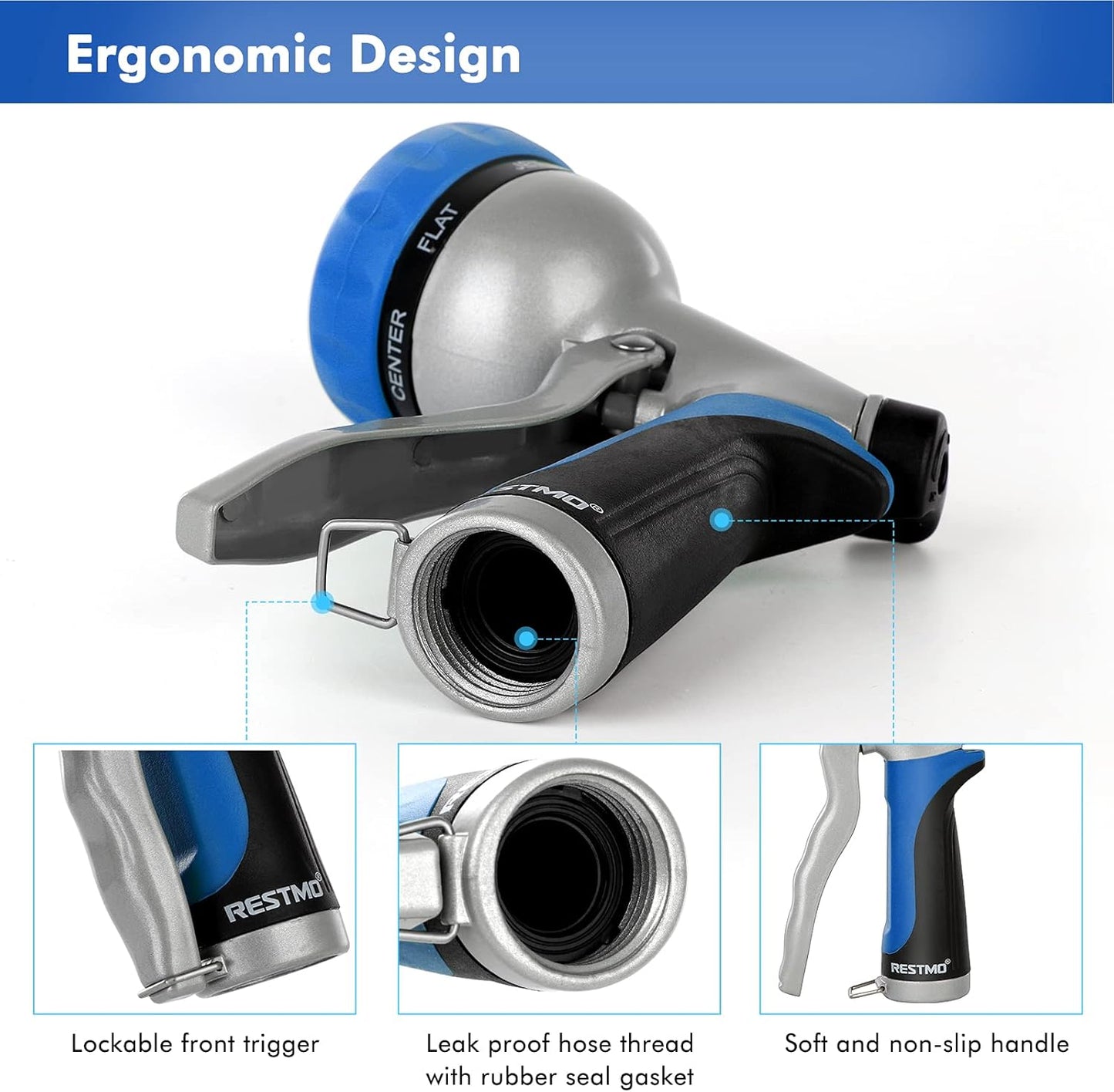 RESTMO Garden Hose Nozzle, Heavy Duty Metal Water Hose Nozzle with 7 Adjustable Spray Patterns, High Pressure Hand Sprayer with Flow Control, Best for Watering Plant & Lawn, Washing Car & Pet, Blue