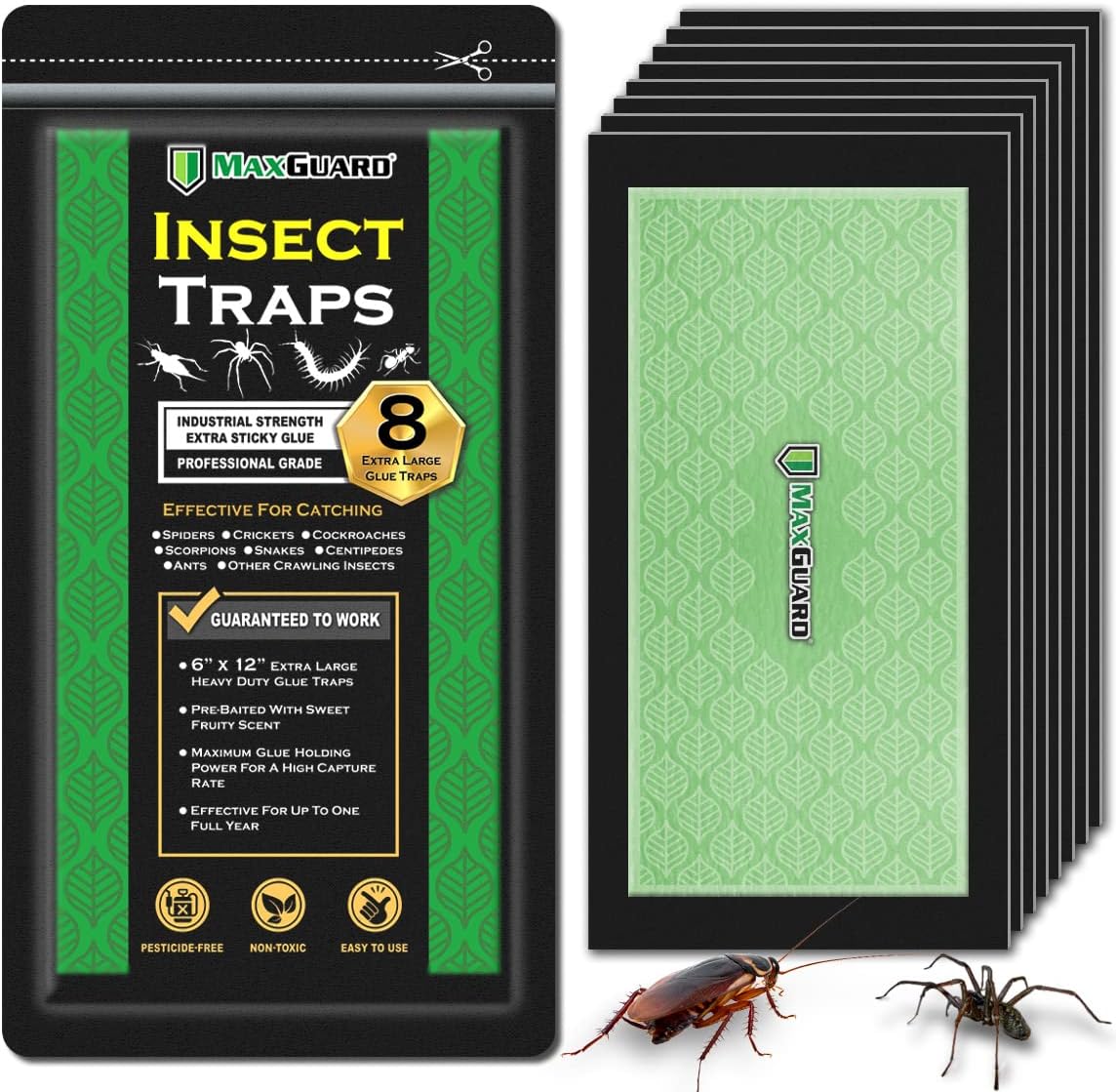 MaxGuard Extra Large Insect Traps (8 Traps) | Non-Toxic Extra Sticky Pre-Baited Glue Board, Trap & Kill Most Crawling Insects, Bugs, Spiders, Crickets, Scorpions, Cockroaches, Centipedes, Snakes.