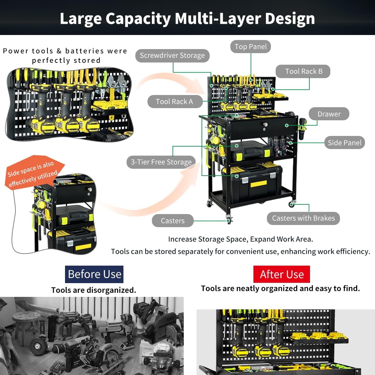 Lumizone Folding Tool Cart with Drawer and Pegboard Hooks Rolling Utility Service Cart on Wheels for Garage Organizer Foldable Power Tool Storage Heavy Duty Steel (Tool Cart with Drawer+Hooks)