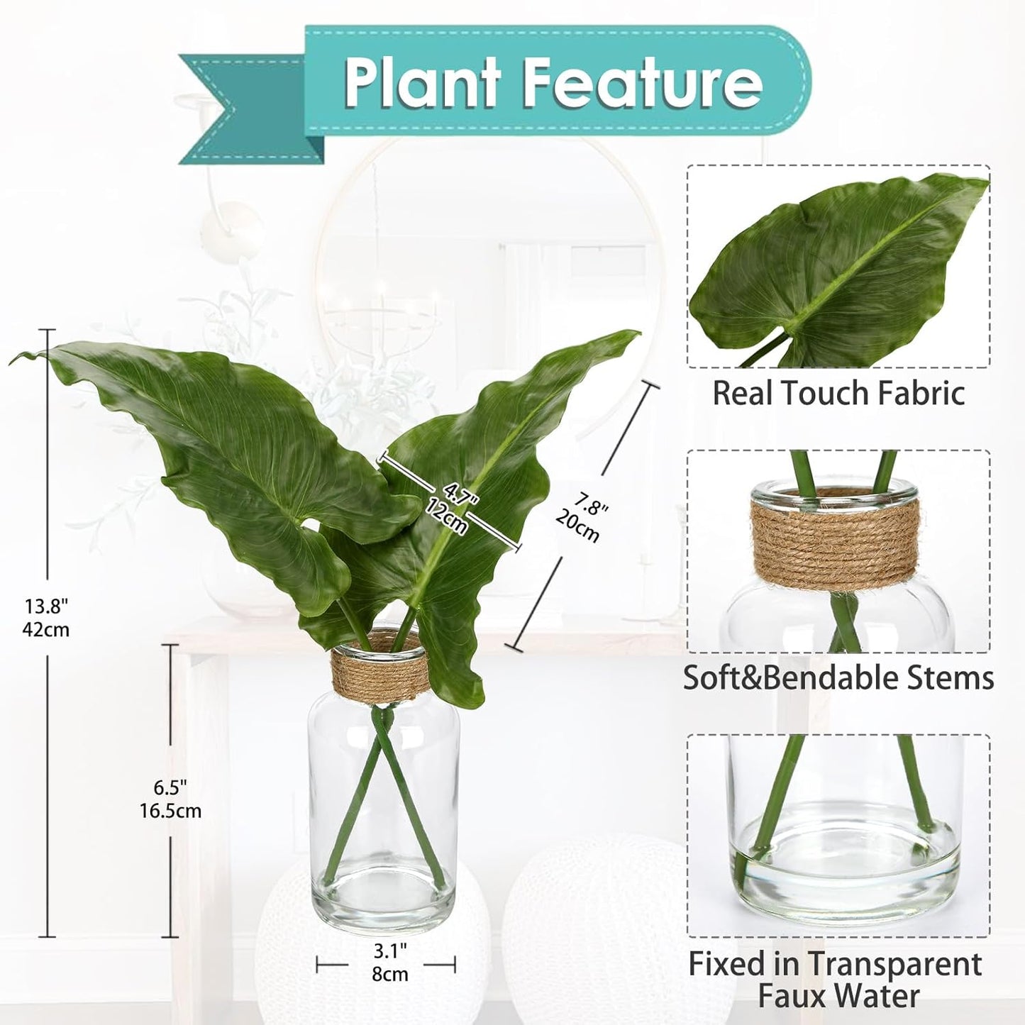 Faux Greenery Stems in Glass Vase with Faux Water, Silk Alocasia Realistic Fake Plants Artificial Tropical Leaves for Home Office Farmhouse Wedding Centerpiece Décor