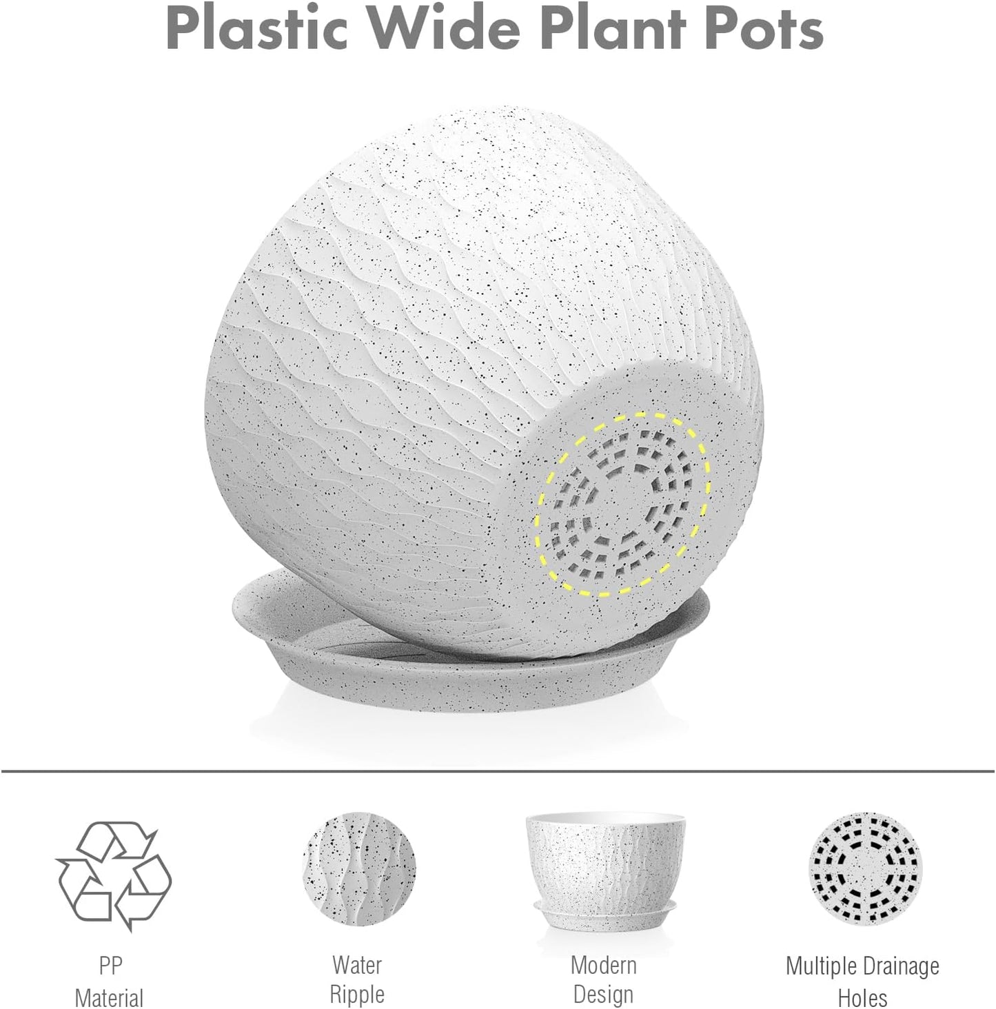 12/10/9 inch Large Flower Pots, 3 Set Big Plant Pots for Outdoor Indoor Plants with Water Ripples, Wide Plastic Planters with Drainage Holes and Saucers for Garden House Plants, Speckled White