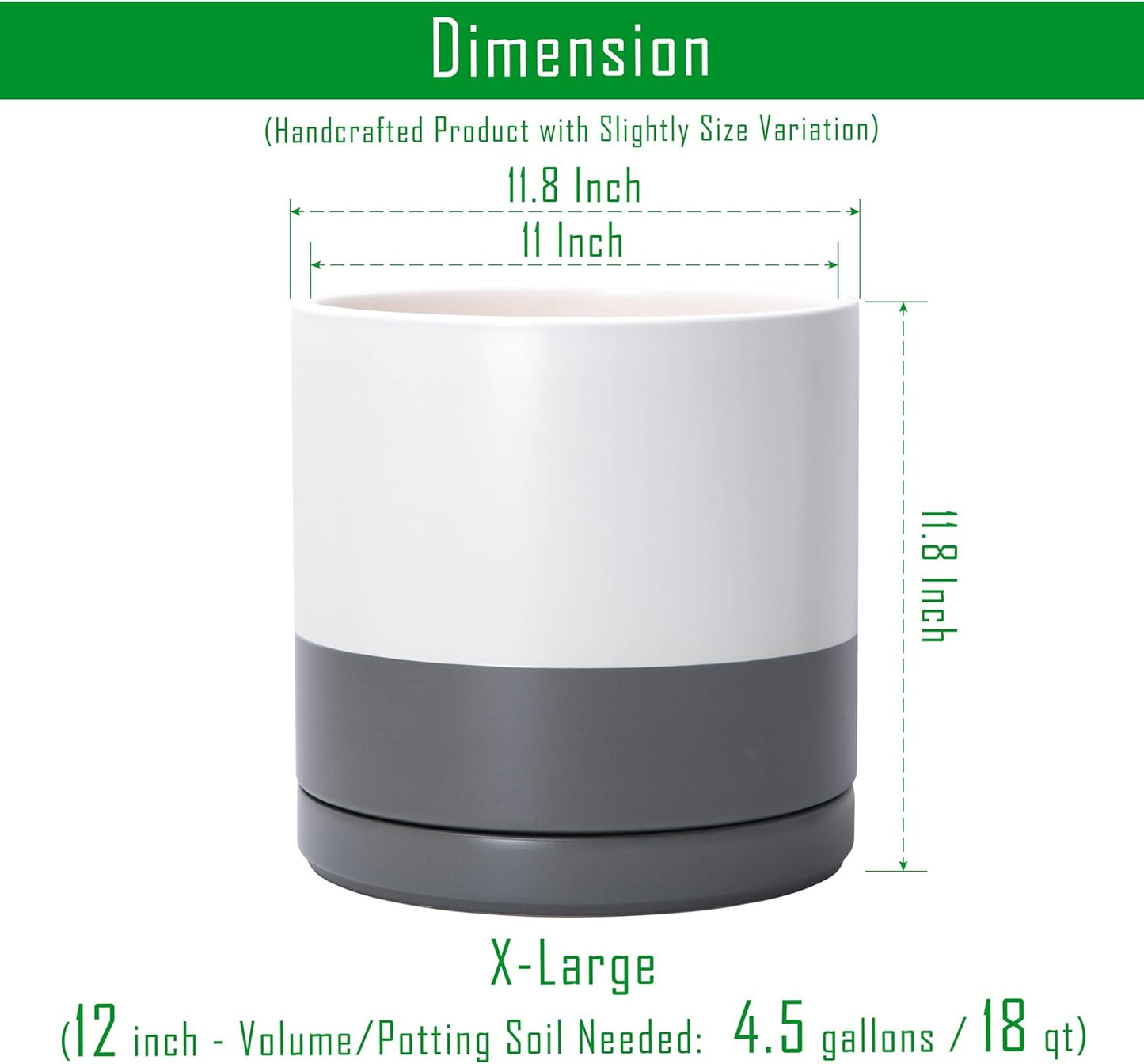 D'vine Dev 12 Inch Ceramic Planter Pot with Drainage Hole and Saucer, Indoor Cylinder Round Planter Pot, White/Speckled Grey, 94-O-F-6
