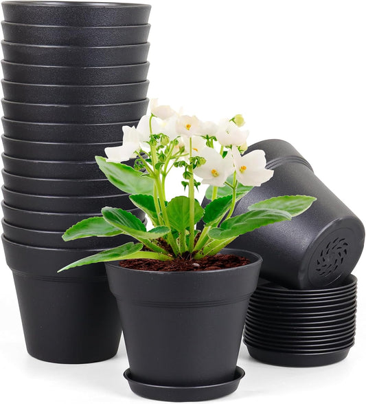 4 inch Small Plastic Nursery Pots, 16 Pack Plant Pots for Indoor Outdoor Plants, Flower Pots with Drainage Holes and Saucers, Decorative Seedling Starter Planters for House Plants, Black