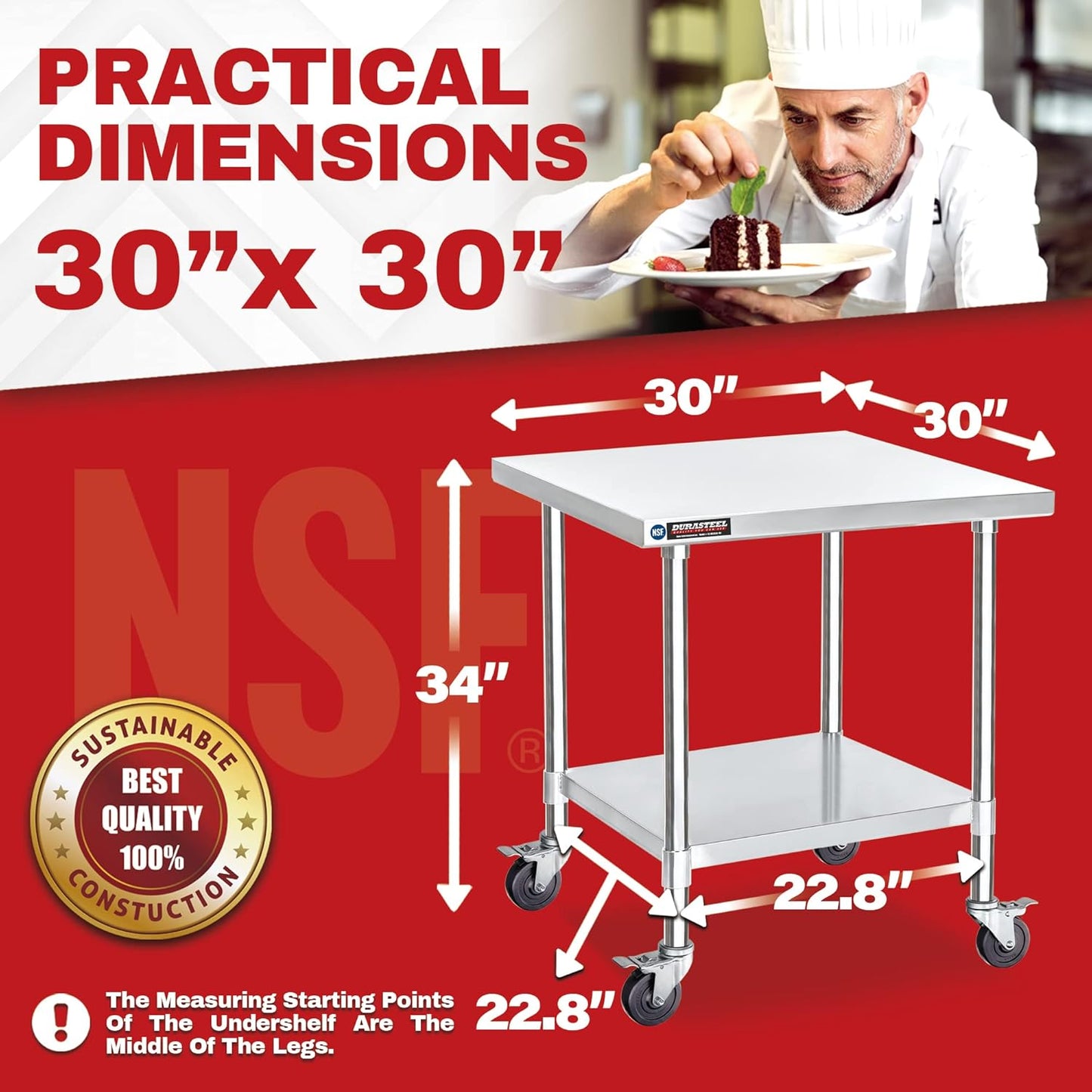 DuraSteel 30x30 NSF Stainless Steel Cart - Heavy Duty Rolling Food Prep Table with Undershelf - Metal Utility Cart for Commercial Restaurant Kitchen, Laundry, Outdoor Portable BBQ Grill