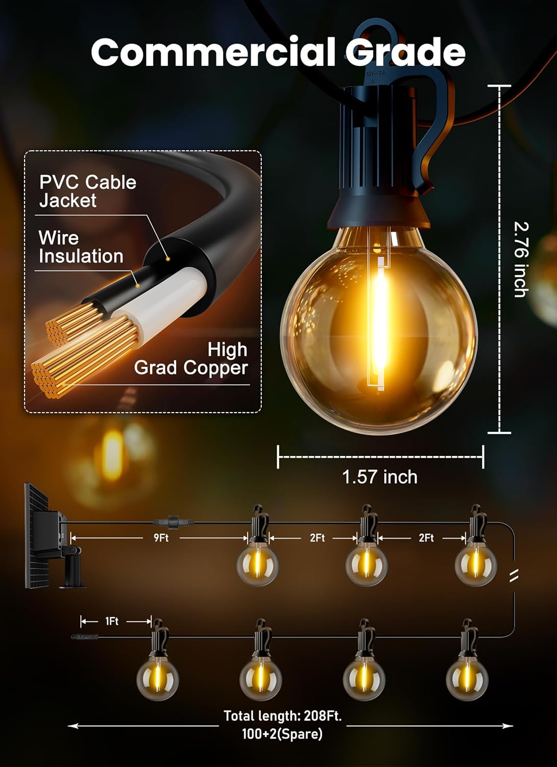 Brightown 208FT Solar String Lights Outdoor with Remote and 102 LED Shatterproof Bulbs, Dimmable & Timable, 3 Light Modes, Solar Patio String Lights Outdoor for Cafe, Garden, Deck, Outside Wedding