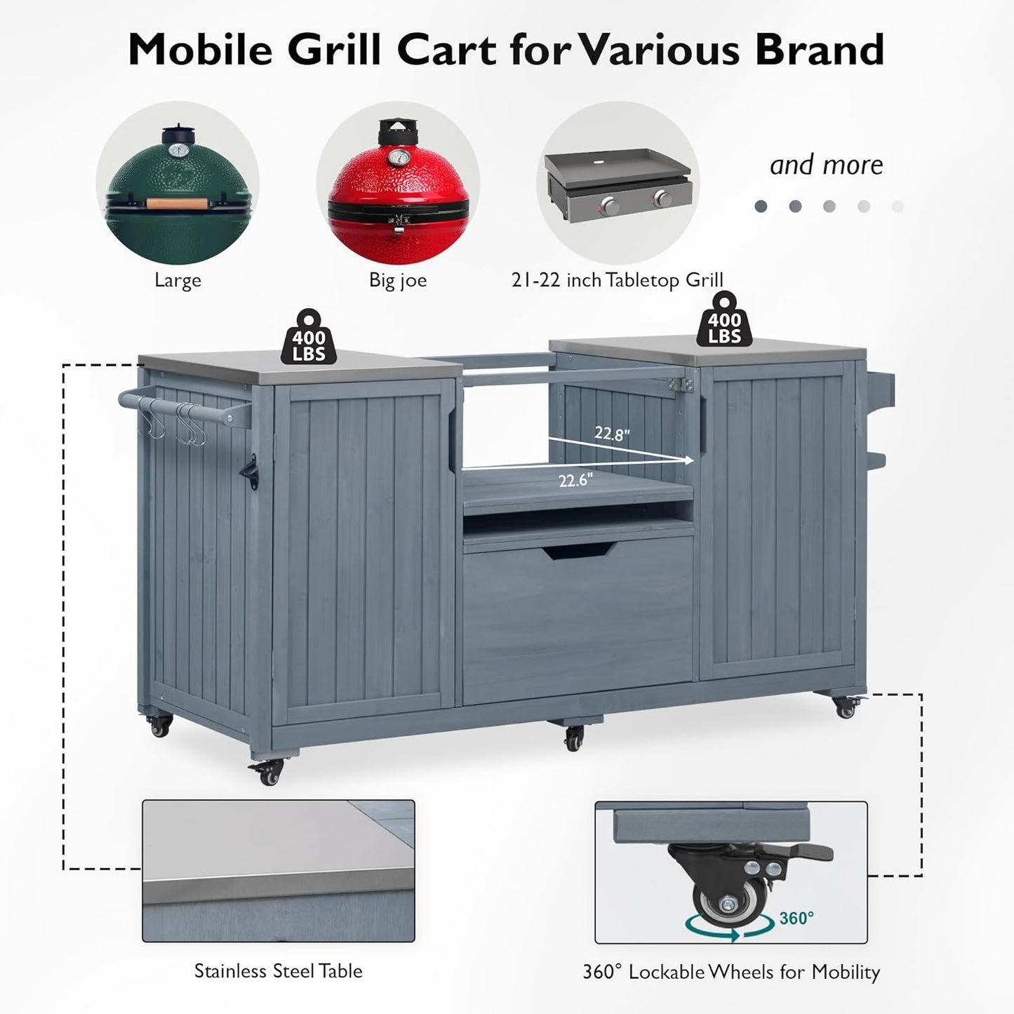 Merax 66.5" Outdoor Grill Table for Big Green Egg, Farmhouse Kitchen Island on Wheels with Stainless Steel Tabletop, Drawer and Spice Rack, Solid Wood Outdoor Storage Cabinet for Backyard, Grey Blue