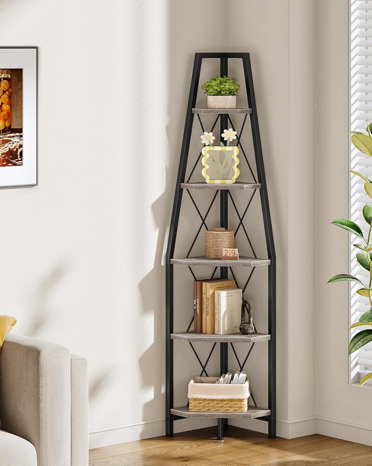 5-Tier Corner Shelf, Corner Bookshelf, Ladder Shelf, Floor Standing Storage Rack, Open Display Stand, Plant Stand, for Living Room, Bedroom, Study, Bathroom, Greige and Black TCJ22BG