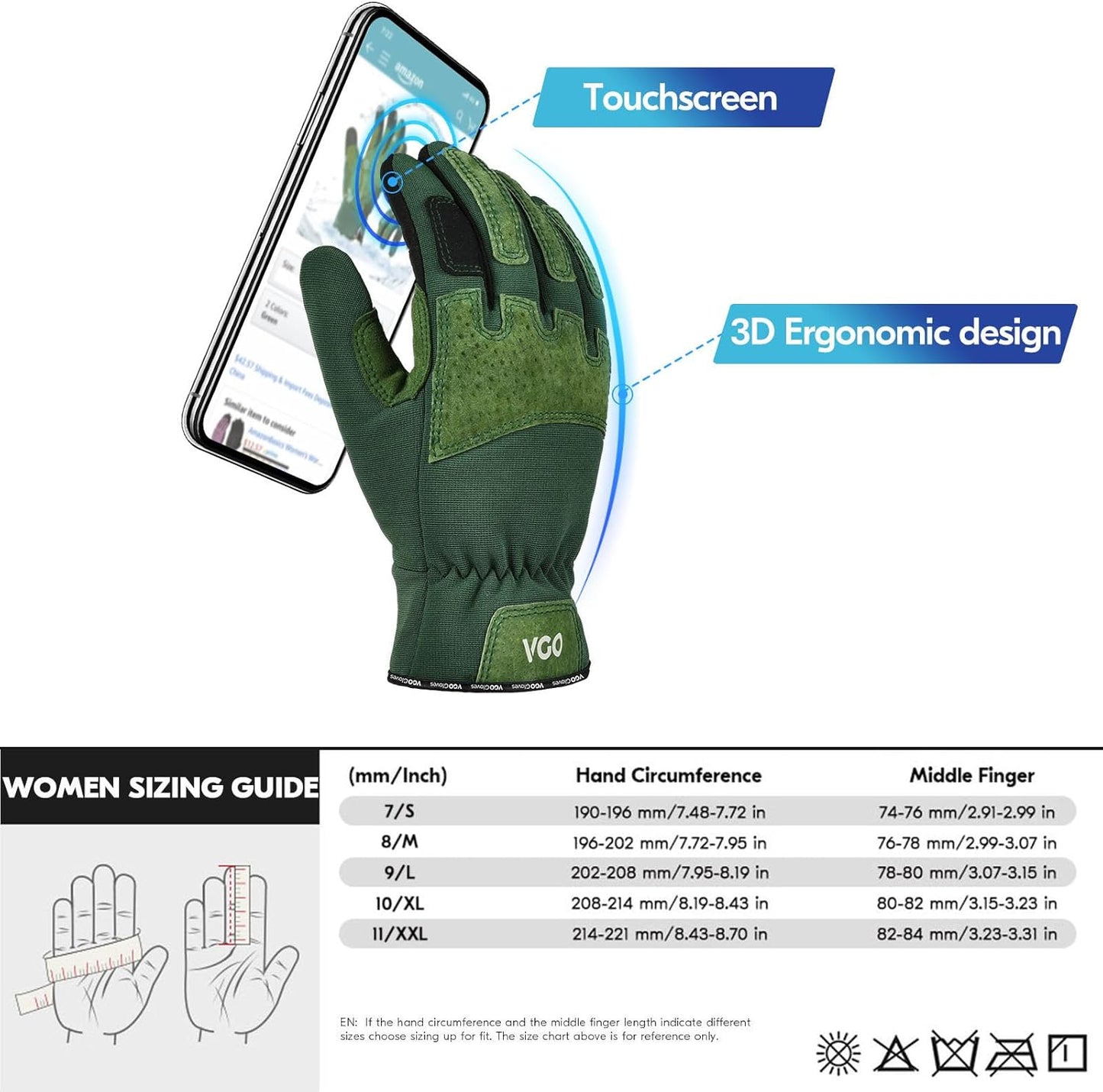 Vgo... Winter Gardening Gloves Women,Safety Work Gloves, Puncture-proof,Thornproof,Touchscreen(1 Pair,S,Green,SL7471FLWP)