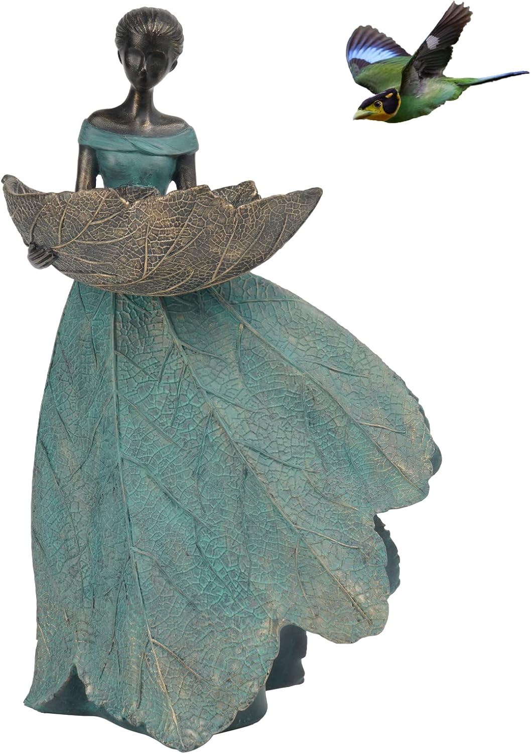 DiliComing Fairy Garden Statue Bird Feeder - 12 Inch Fairy Statue for Home Decoration, Resin Outdoor Statues for Garden Decoration, Best Bird Feeder Garden Gift for Women (Green)
