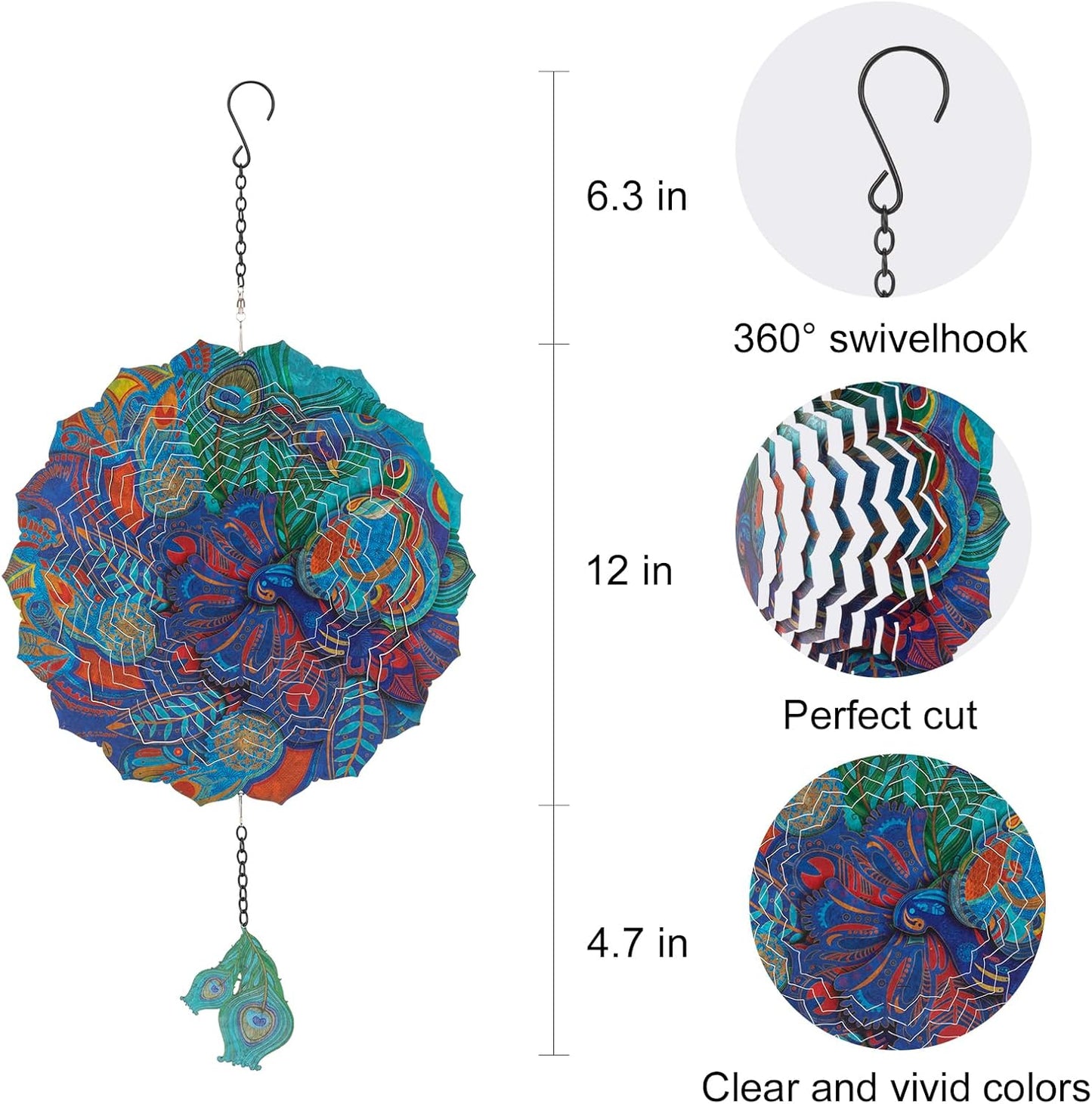 Peacock Hanging Wind Spinner Outdoor - Peacock Gifts for Mom Women Grandma, Metal 12-Inch 3D Laser Cut Metal Kinetic Wind Spinners Clearance Waterproof for Yard Patio Garden Art/Indoor Decor