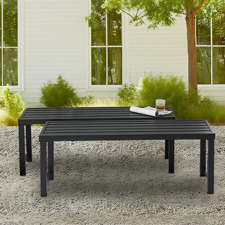 46" Outdoor Metal Backless Bench Set of 2, All-Weather Patio Garden Bench for Backyard, Porch, or Lawn, Durable Steel Bench for Outdoor Spaces, Black