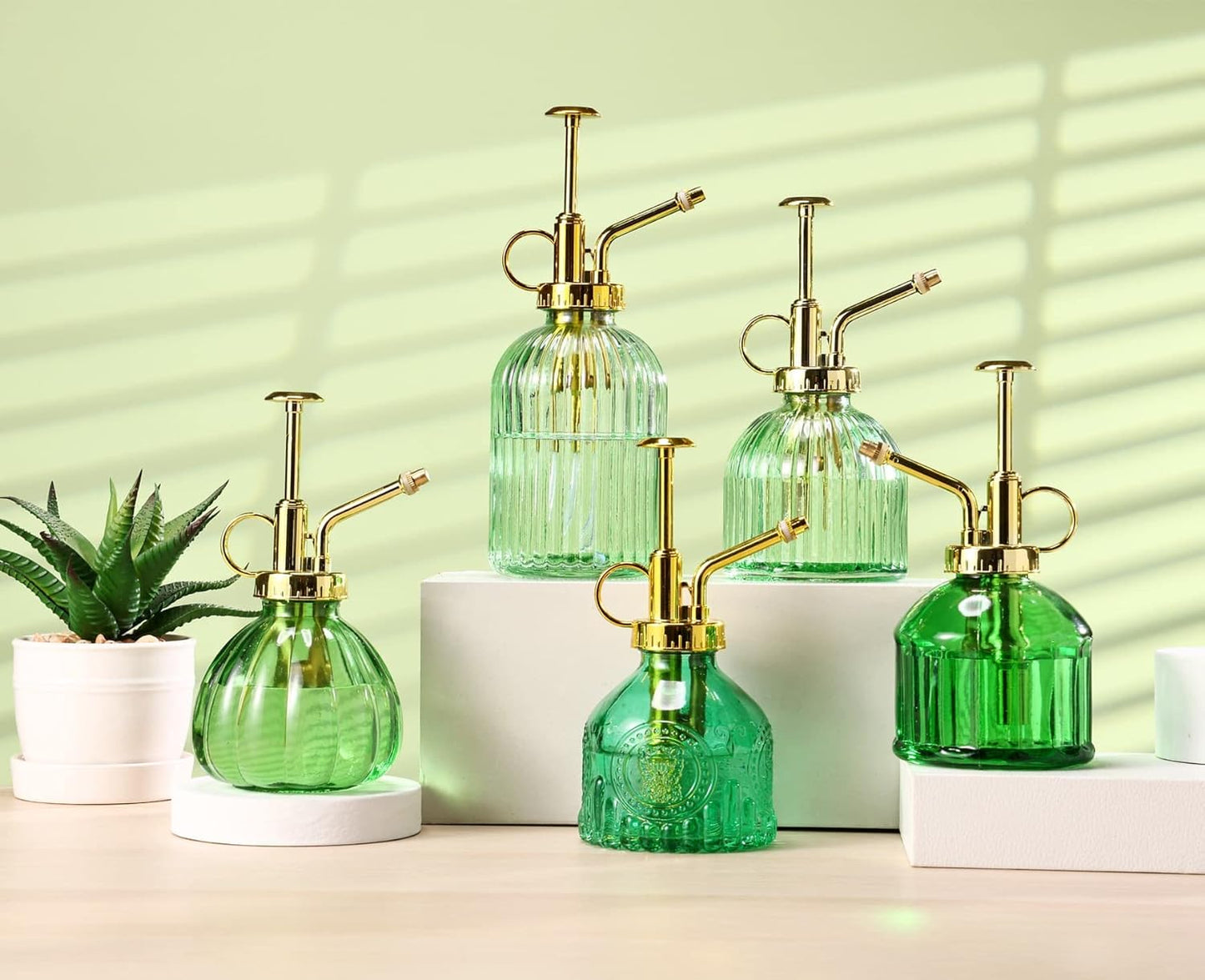 Glass Plant Mister Spray Bottle, 6.5" Green Glass Water Spray Bottle with Gold Top Pump Small Watering Can, Small Plant Sprayer Mister for Indoor Outdoor House, Green+Gold (Green+Gold D)