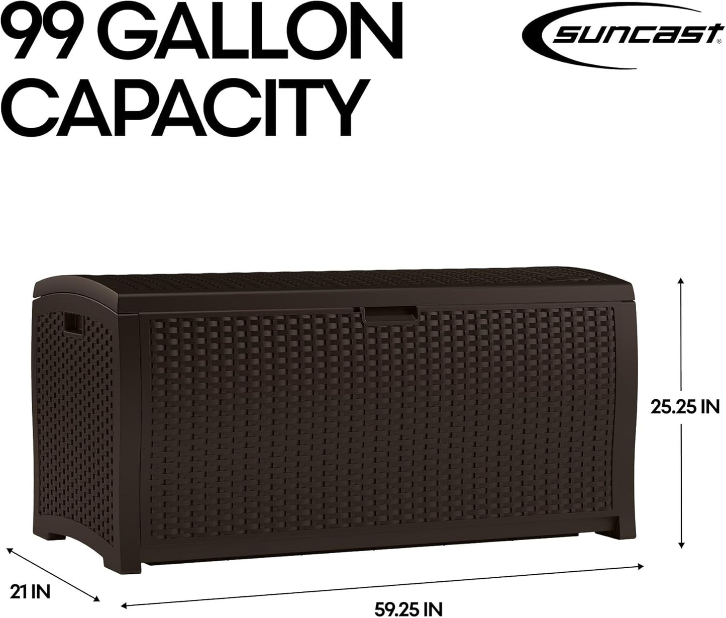 Suncast DBW9200 99 Gallon Outdoor Wicker Plastic Patio Storage Chest Bin with Handles for Patio, Garden, Garage, or Pool for All Weather, Mocha