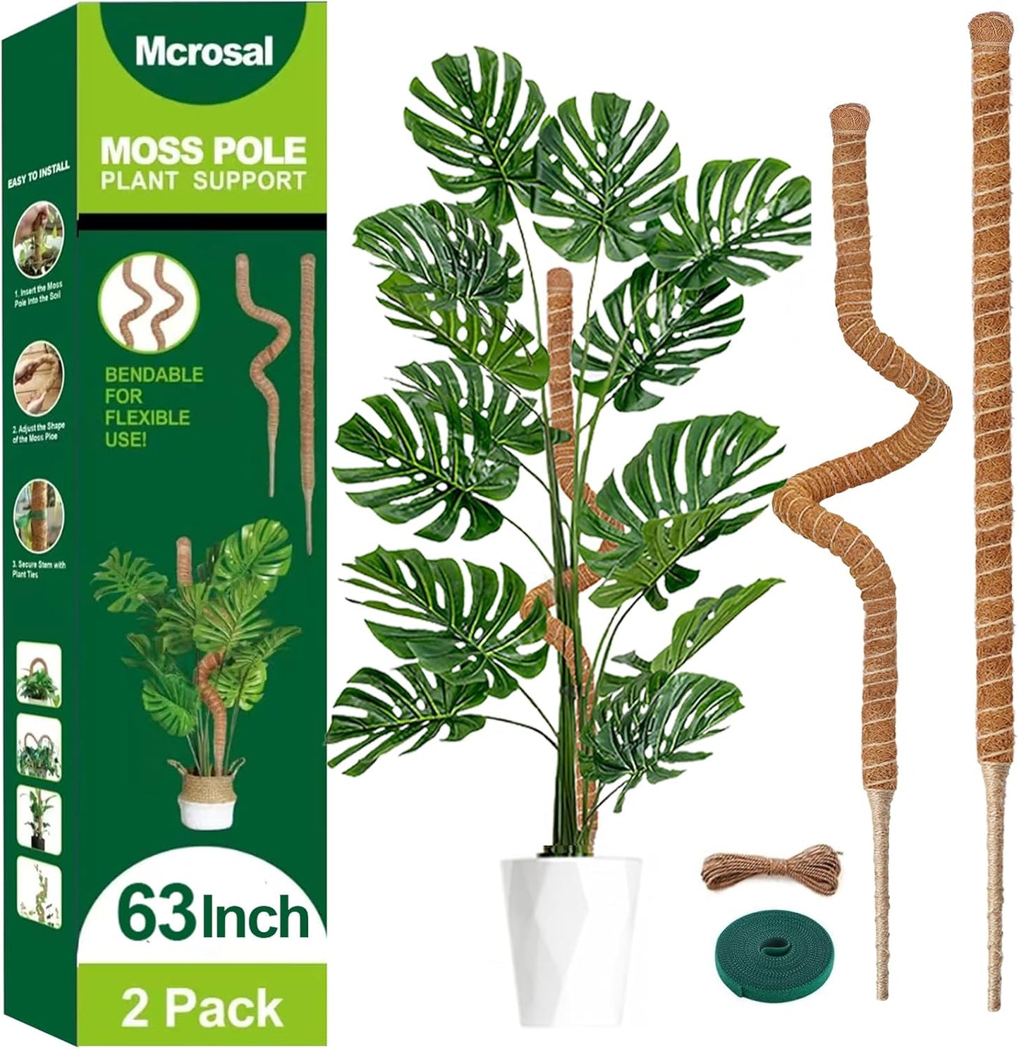 2 Pack 63'' Bendable Moss Pole Monstera Plant Support for Indoor Climbing Plants, Tall Plant Stick Support Stake for Potted Plants, Pothos, Philodendron