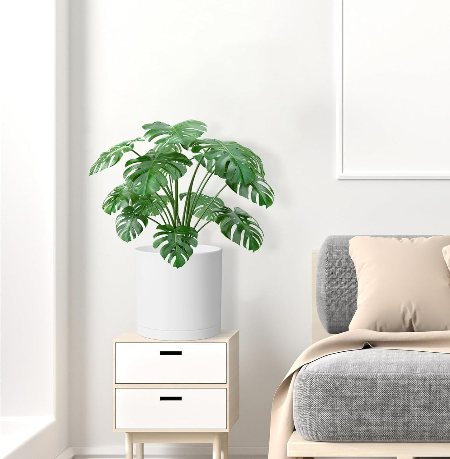 10 Inch Large Plant Pots for Indoor Outdoor Plants, Cylinder Deep Flower Pots with Drainage Holes and Saucer, Big Decorative Plastic Planter Pots for Garden House Plants, White