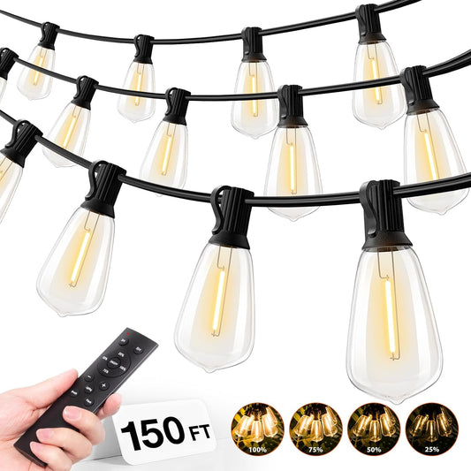 addlon 150 FT (3x50FT) Outdoor String Lights with Remote,Waterproof Patio Lights ETL Listed with 45+3 Shatterproof Dimmable ST38 LED Bulbs,2700K Connectable Outdoor Lighting for Backyard Bistro Garden