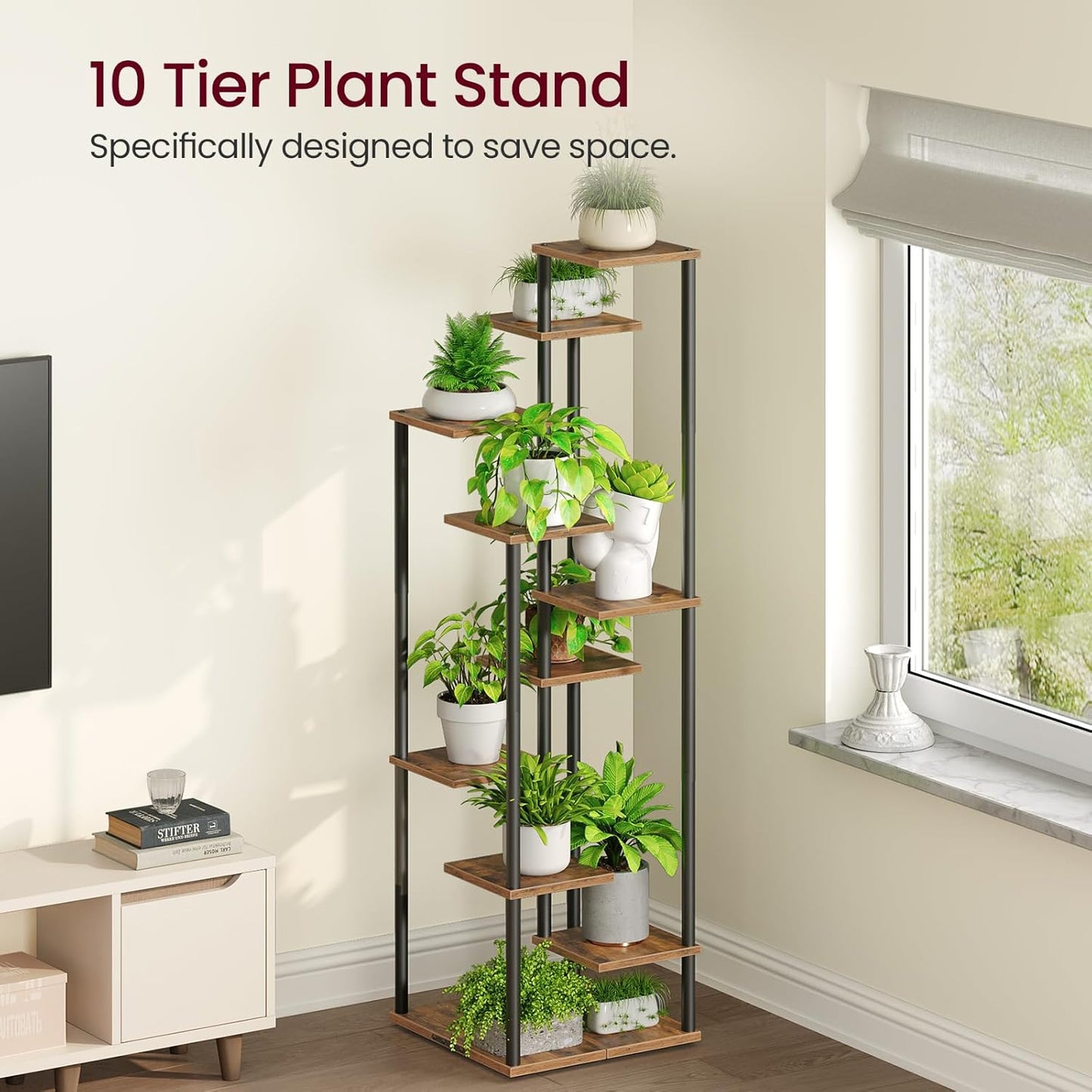 10 Tier Plant Stand Indoor, Tiered Corner Plant Shelf Flower Stand for Living Room, Balcony, Patio, Garden, Rustic Brown and Black