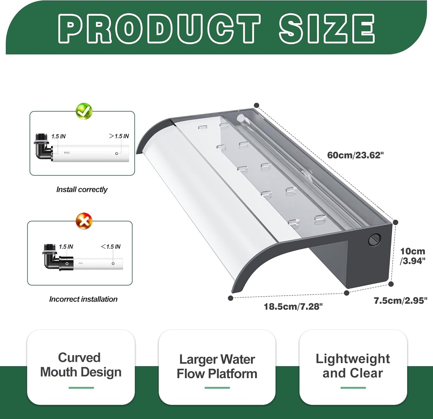 Waterfall Spillway, Clear Acrylic Pool Fountain w/Top Open Lip & Pipe Connector Kits for Outdoor/Indoor Decorative, 23.6'' Pool Water Feature for Garden Patio, Backyard Koi Pond Decor