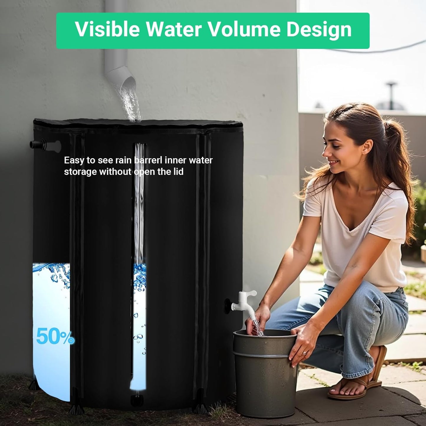 132 Gallon / 500L Collapsible Rain Barrel, Foldable PVC Water Barrels to Collect Rainwater from Gutter, Portable Water Collection System with Hose Spigot, Garden Water Catcher Collector Black