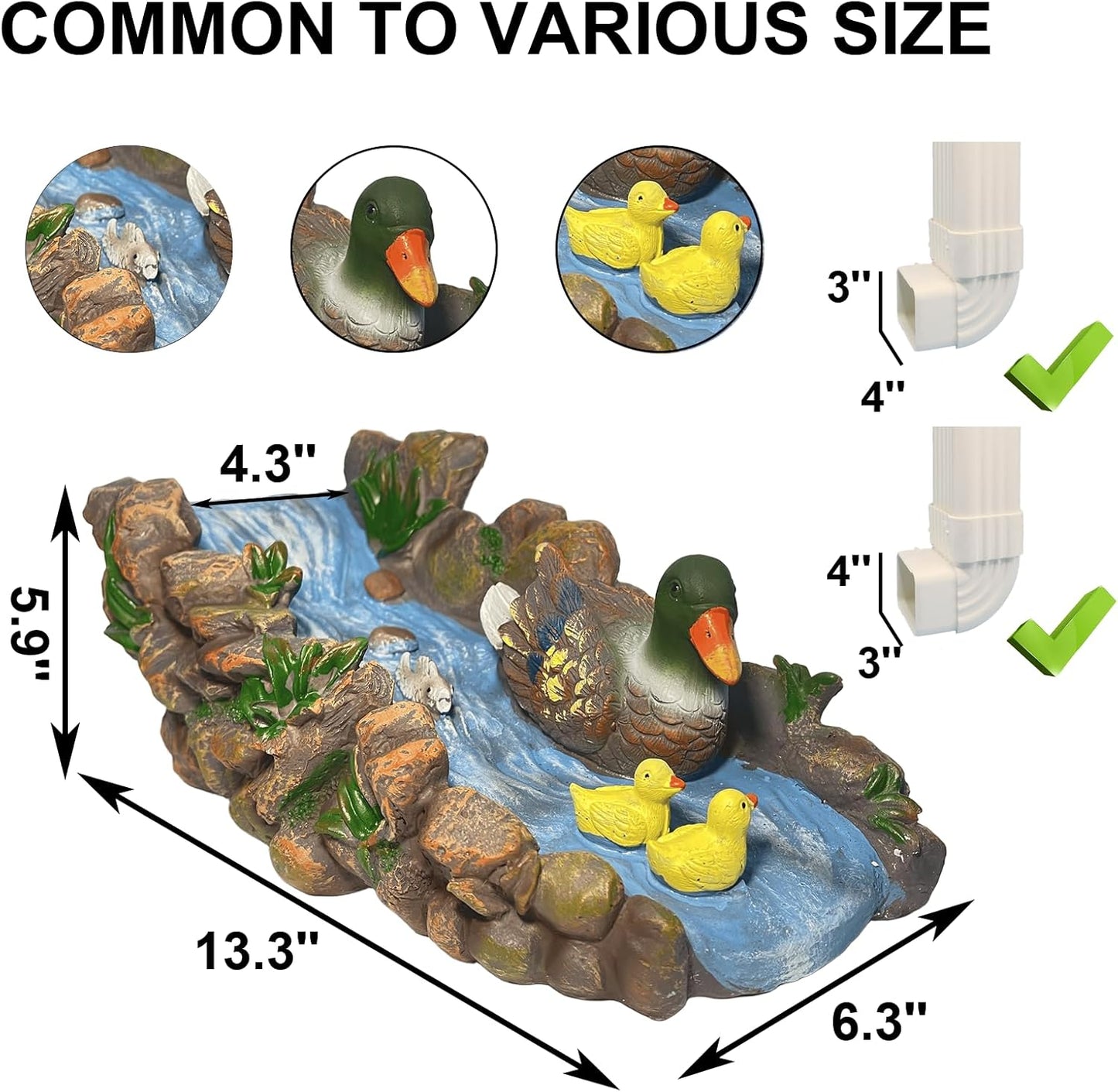 Ducks Splash Block - Decorative Resin Gutter Downspout Diverter, 13.3” x 6.3” x 5.9”, Durable Water Flow Protector for Yard, Garden & Patio, Functional Outdoor Ducks Statue for Rainwater Drainage