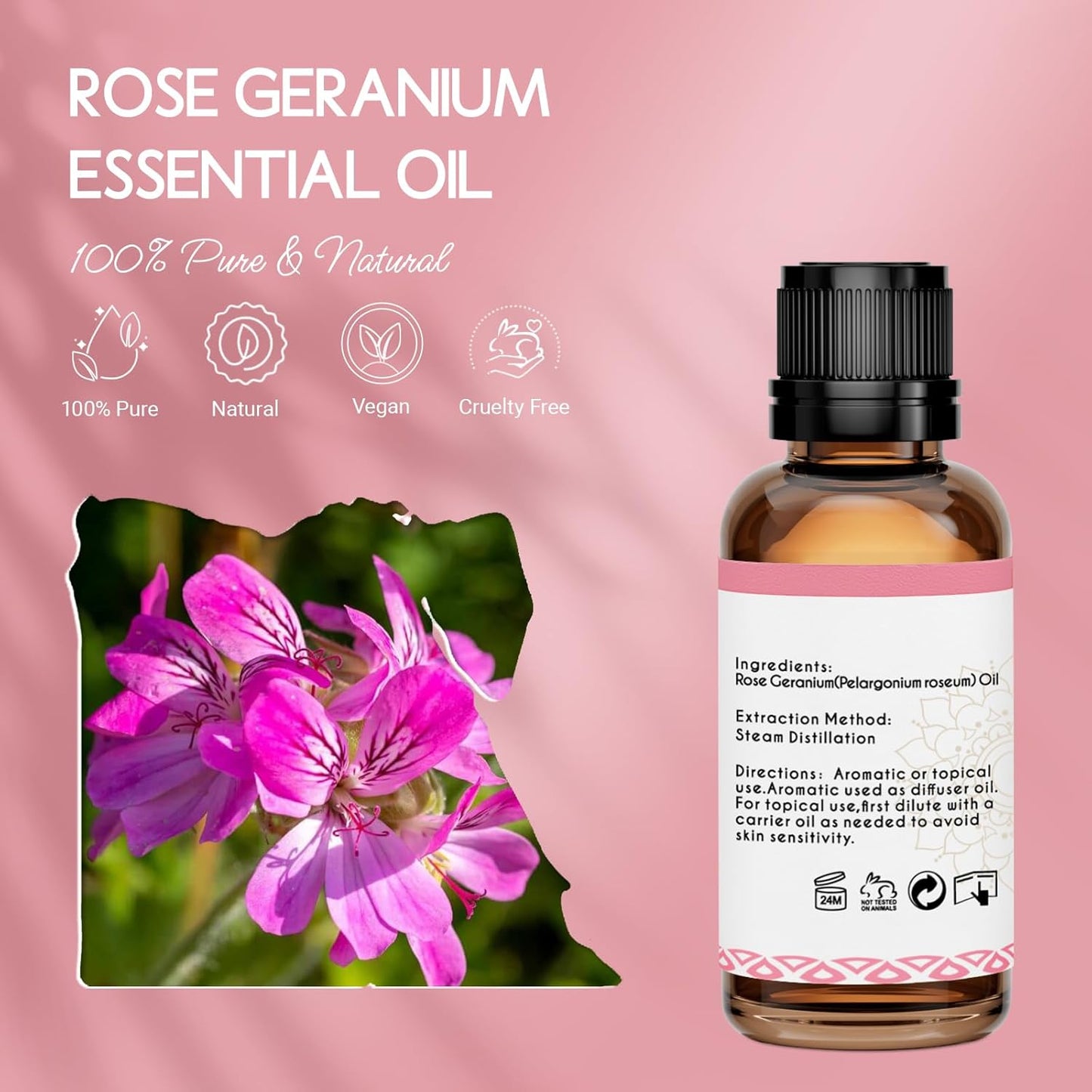 Rose Geranium Essential Oil, Pure Natural for Skin Body Diffuser - 1 Oz