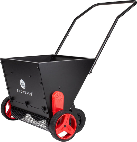 Suchtale Upgrade Push Lawn Spreader for Compost & Peat Moss, Organic Fertilizer Applicator with Rotating Blades, Adjustable Rate Metal Mesh Basket Topdresser