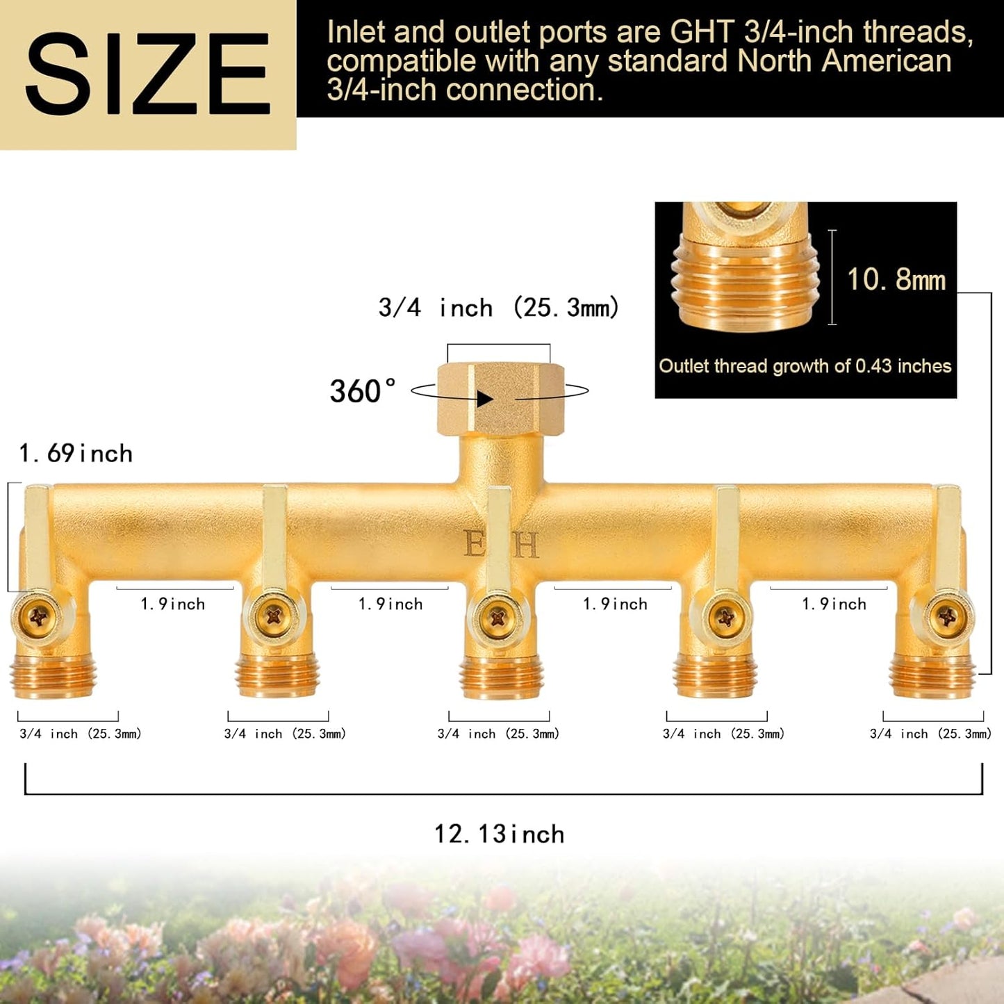 EBH Brass Garden Hose Splitter, 5 Way Outdoor Frostproof Tap Hose Splitter with 5 Individual On/Off Valve and Extended Handle, GHT 3/4-Inch Heavy Duty Hex Female Inlet and 3/4-Inch Male Outlet