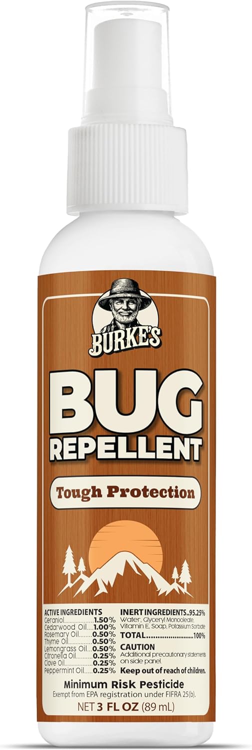 Burke’s Bug Repellent Spray – DEET-Free, Kid & Pet Safe Insect Repellent for Mosquitoes, Ticks, and Gnats – Travel Size, Natural Essential Oils, Outdoor Protection, 3 oz (90mL)