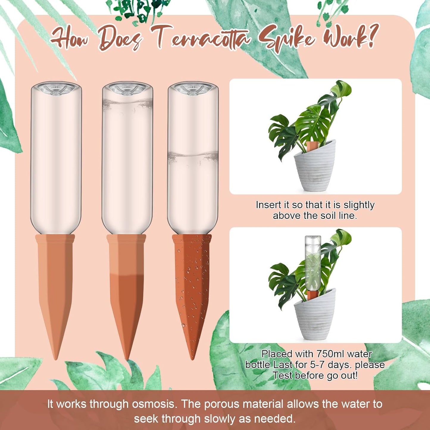 6 Sets Plant Watering Devices Include Terracotta Self Watering Spikes and 26 oz Plastic Bottles, Slow Release Vacation Insert Automatic Plant Waterer Device (Clear Green and Terracotta)