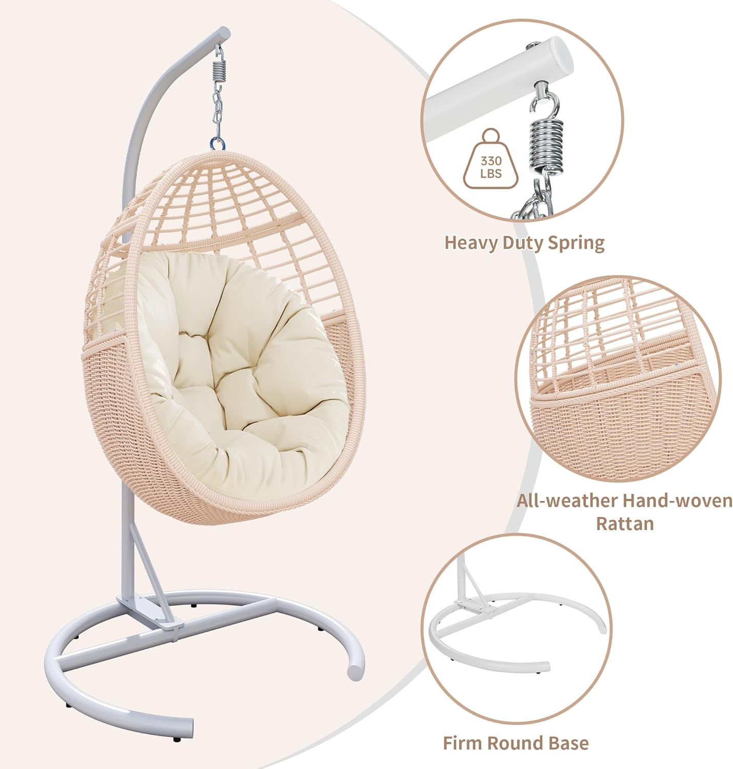 TWT Egg Swing Chair with Stand Rattan Wicker Hanging Egg Chair for Indoor Outdoor Bedroom Backyard Hammock Egg Chair with Metal Frame and UV Resistant Cushion 330lbs Capacity-Pink