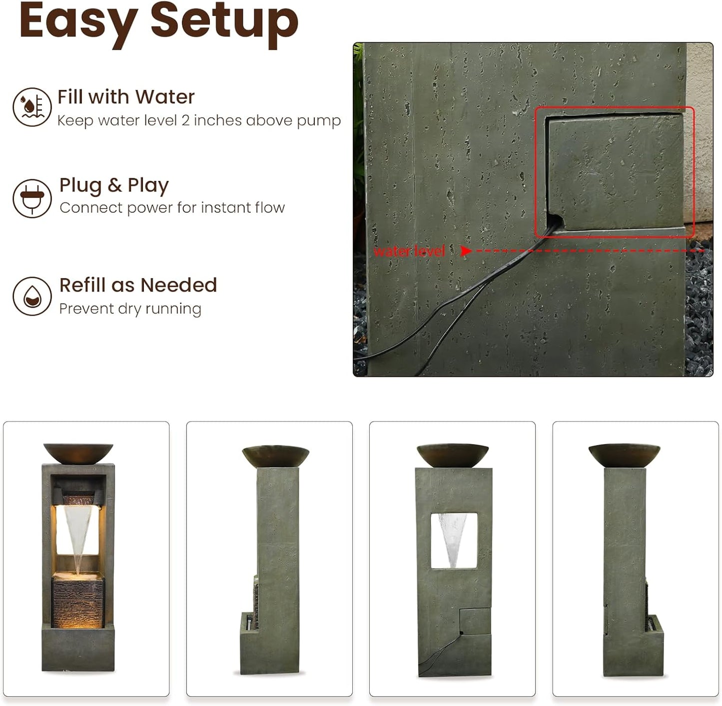 Outdoor Water Fountain Jar Water Feature for Garden Floor Standing Fountains Resin Cascading Waterfall with Pump and Lights for Patio Yard Deck Home Decor, 41 inches Tall