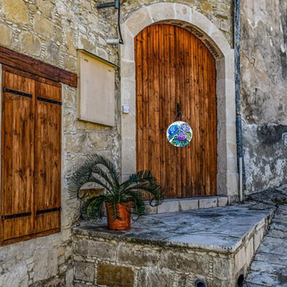 Handmade Hydrangea Flower Stained Glass Suncatcher - Vibrant Window Décor for Home/Garden,Gift-Ready Sun Catcher Art with Hook (Blue, 11.8 * 11.8IN)