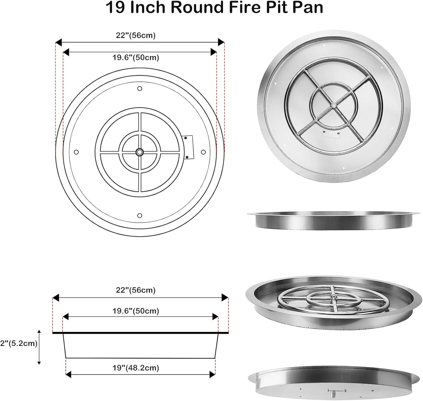 Stanbroil 19-Inch Round Fire Pit Burner Pan, Drop-in Gas Fire Pit Inserted for DIY Natural & Propane Gas Fire Table, Stainless Steel Firepit for Outside, BTU 92,000 Max