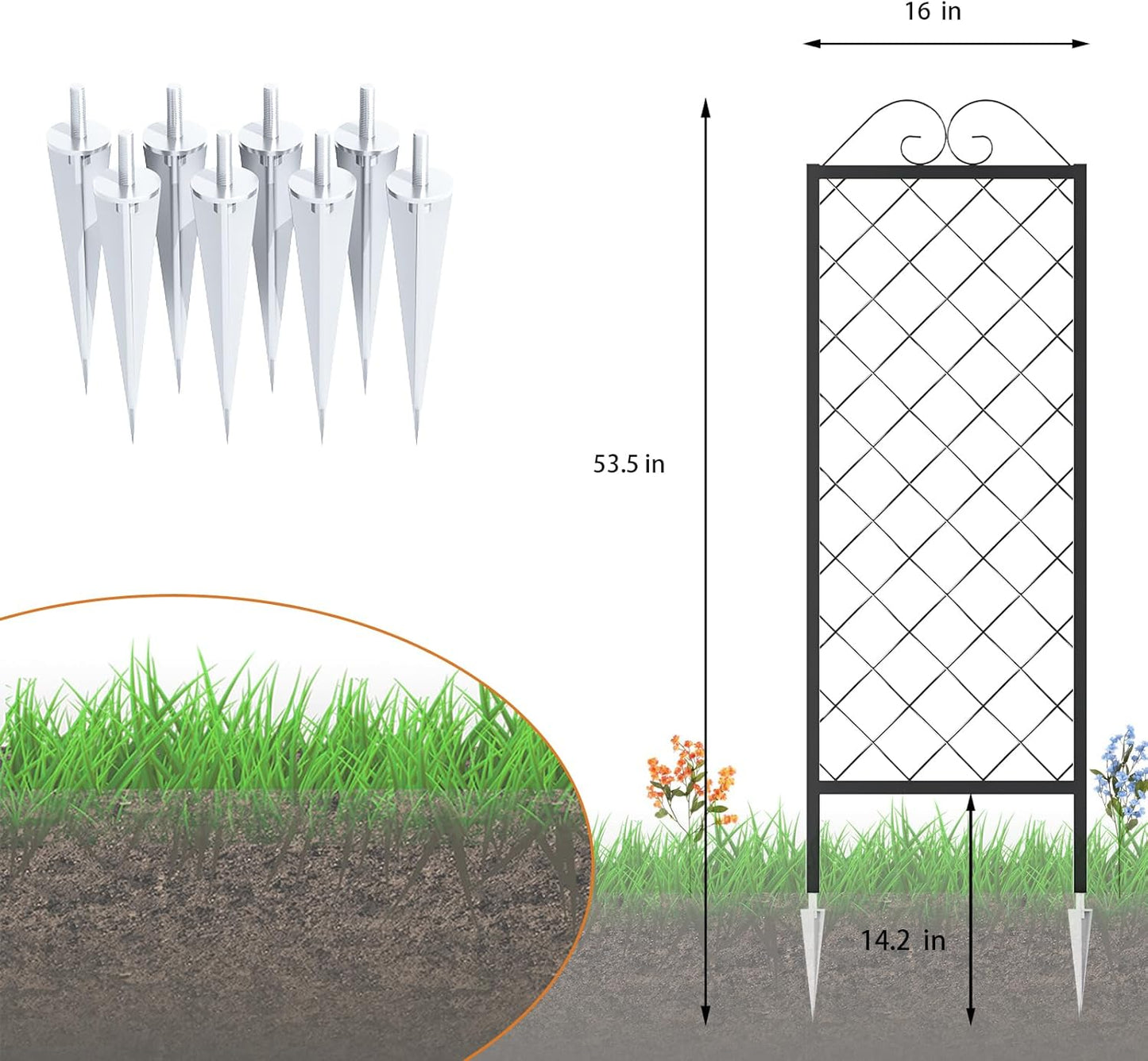 Zhongma 2 Pack Metal Garden Trellises for Climbing Plants, 53.5 Inch Tall Metal Fence Plant Support Trellis for Flower and Vagetable