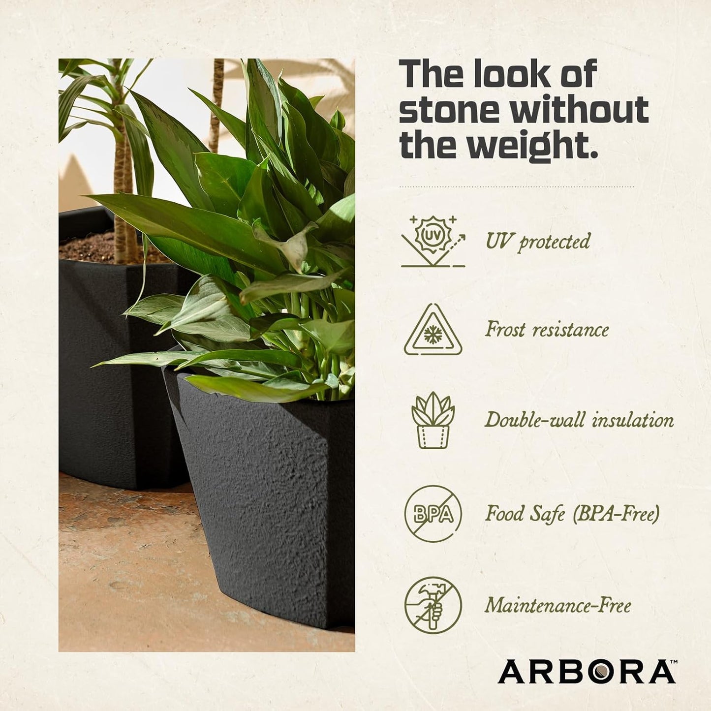 ARBORA 16" Monaco Square Polyresin Indoor and Outdoor Planter with Classic Black Finish - Durable, Weatherproof, Lightweight, Large Plant Pot for Patio, Garden, Deck, Entryway