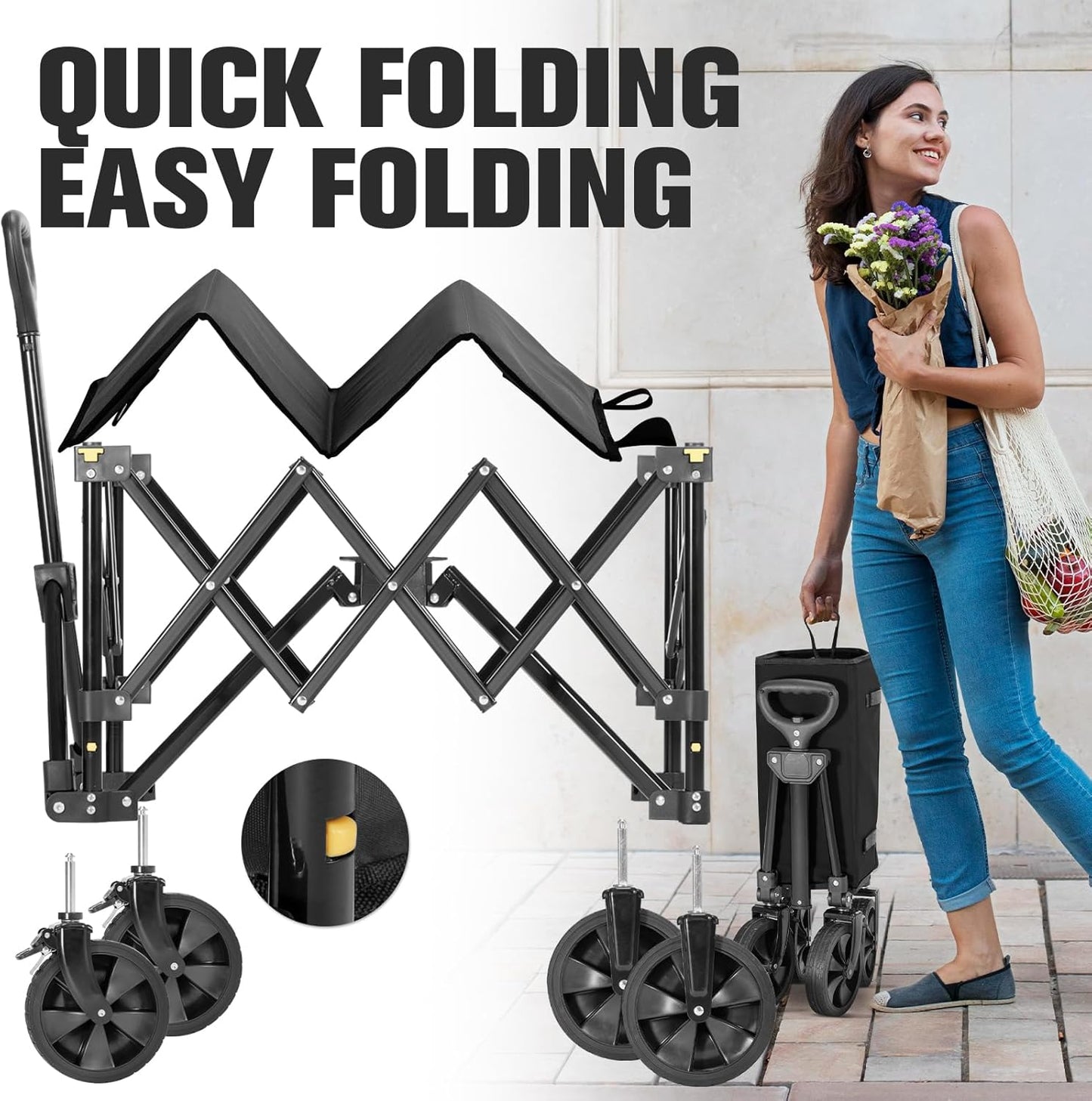 Wagon Cart Shopping Foldable Folding Collapsible with Wheels Big On Beach Garden Outdoor Grocery Heavy Duty Utility All Terrain Portable Wagons Carts for Groceries Sand Camping Sports Black