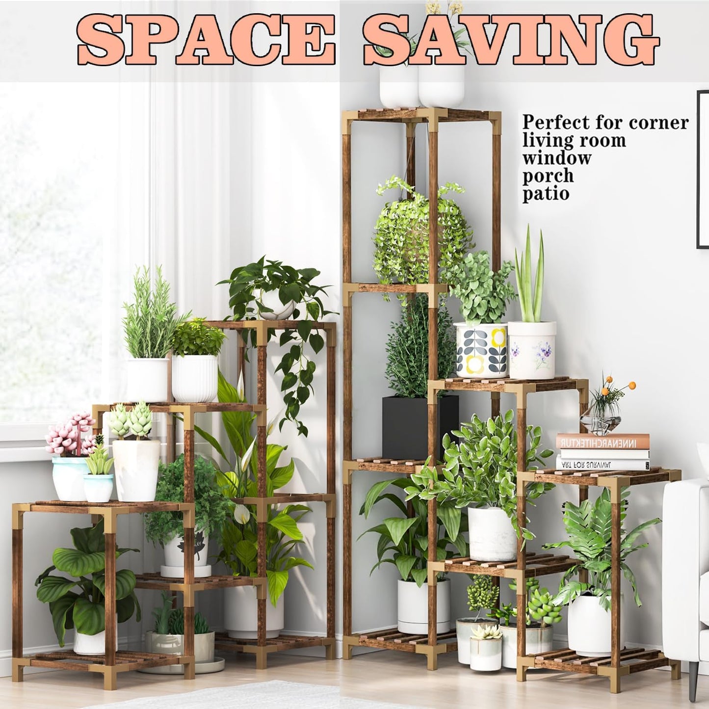 HOMKIRT Corner Plant Stand Indoor Outdoor for Multiple Plants, Large Tall Plant Shelf Rack Table Holder with Hanging Space Flower Stand for Patio Porch Balcony Garden Boho Decor